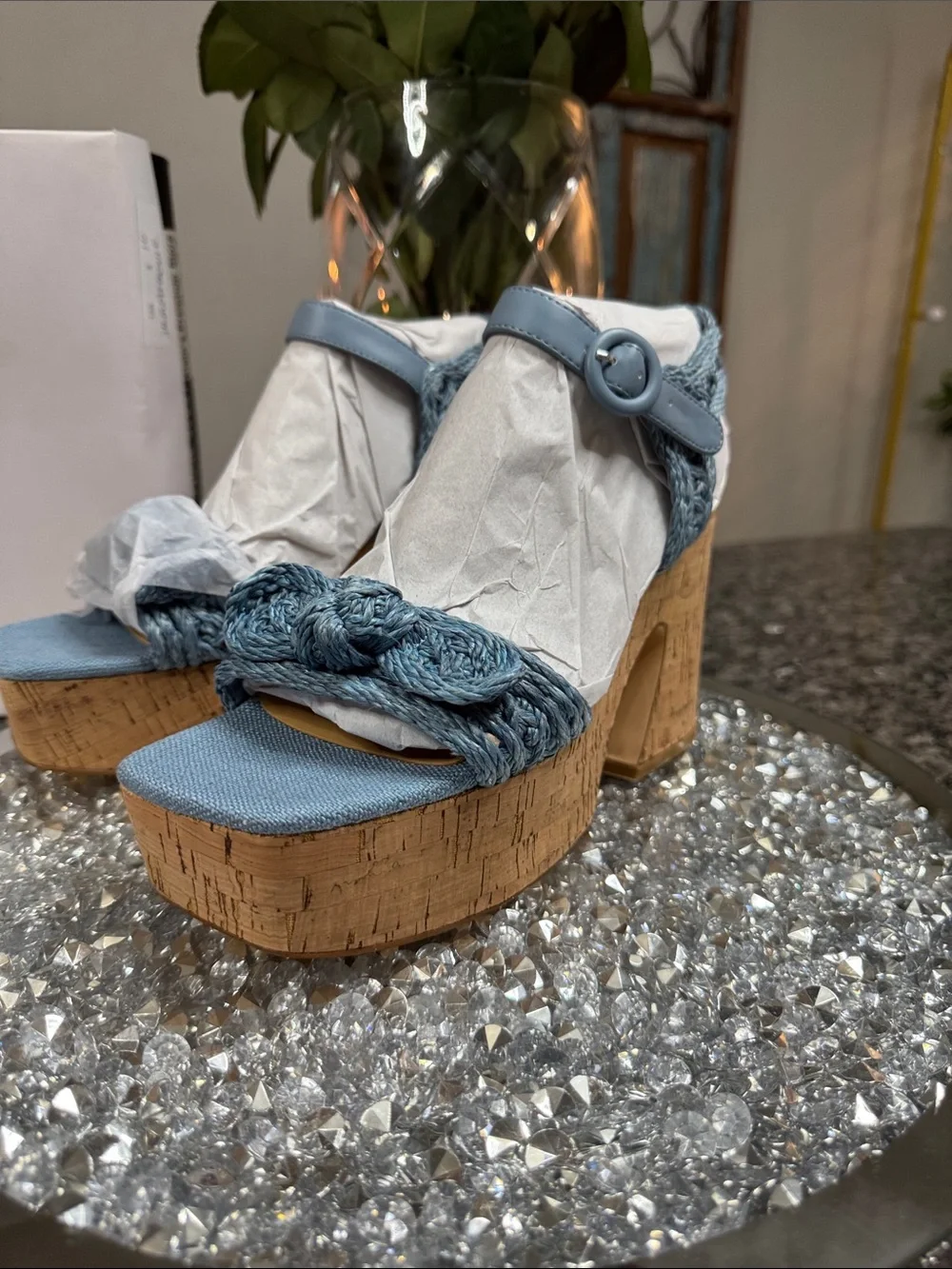 Nine West Comiele Light Blue denim Braided Cork Platform SandalsNEW 9